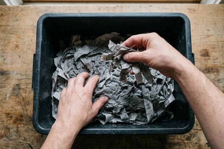 Damp, torn newspaper strips being added to a plastic worm bin