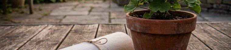 A rolled-up paper lying next to a potted plant on a patio at dusk