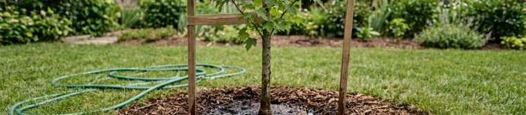 Newly planted young tree with a mulch ring and a garden hose at its base