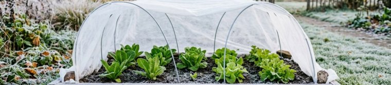 Young lettuce under a low tunnel of white fabric row cover on wire hoops