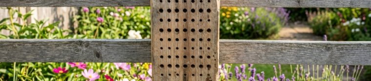 Wooden nest block with drilled holes mounted on a garden fence