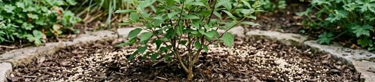 Fertilizer granules spread evenly over mulch beneath a shrub