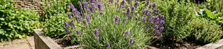 Lavender in a raised bed with pea gravel around its base